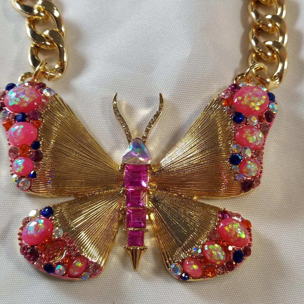 NWT Natasha Butterfly Necklace 12 inch Chain Colorful Gemstones - Picture 2 of 6